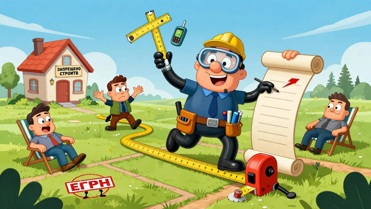 Кадастровый инженер с гигантскими очками измеряет участок, соседи подписывают документ, над землёй опускается печать ЕГРН.