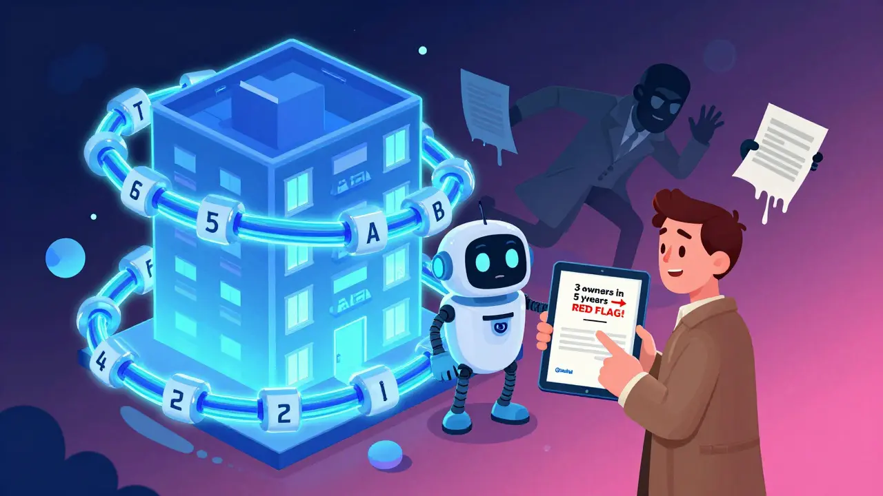 Квартира обернута блокчейном, покупатель смотрит на планшет с предупреждением в 2026 году.