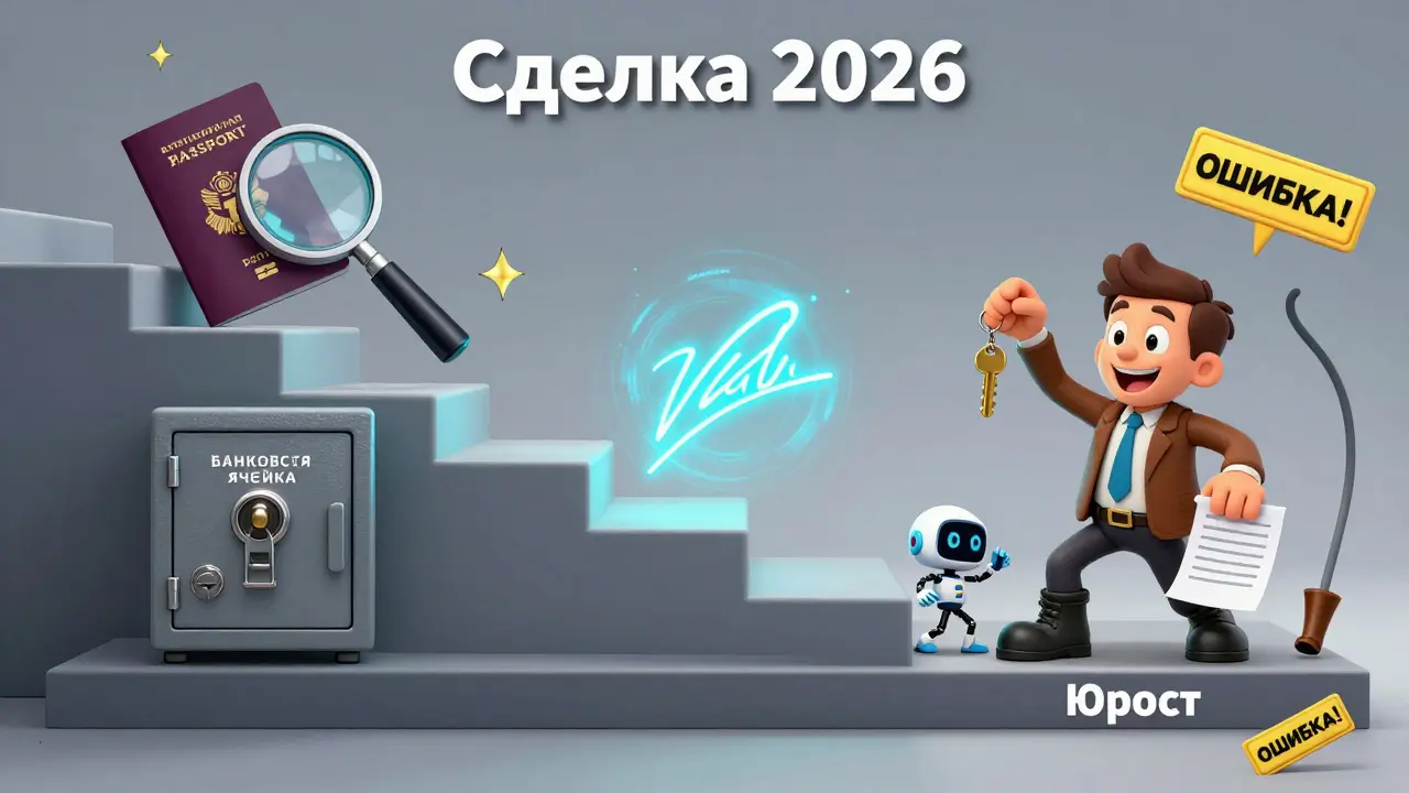 Лестница сделки с шагами: паспорт, банковская ячейка, цифровая подпись, и покупатель с ключом, отбивающий предупреждения об ошибках.