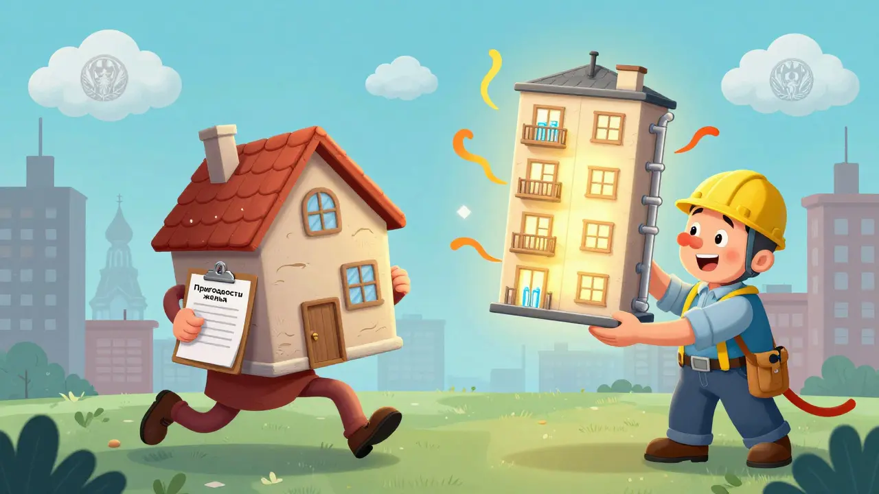 Мама с документами и бегущий аварийный дом, рядом — идеальная квартира с живыми коммуникациями.