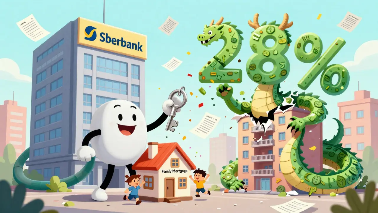 Маскот Сбербанка открывает дверь с ключом 6% для семьи с детьми, а дракон долга рушится.