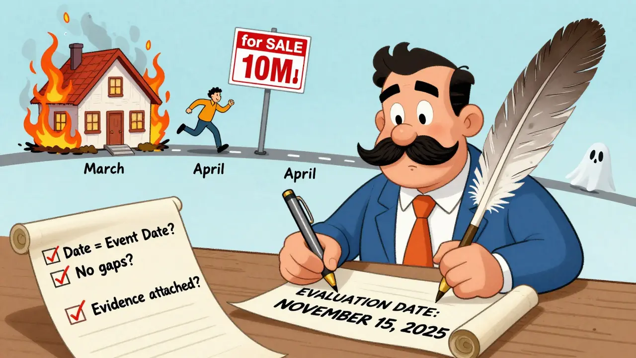 Оценщик пишет дату на свитке, позади — спираль событий: пожар, уход покупателя, падение цены.