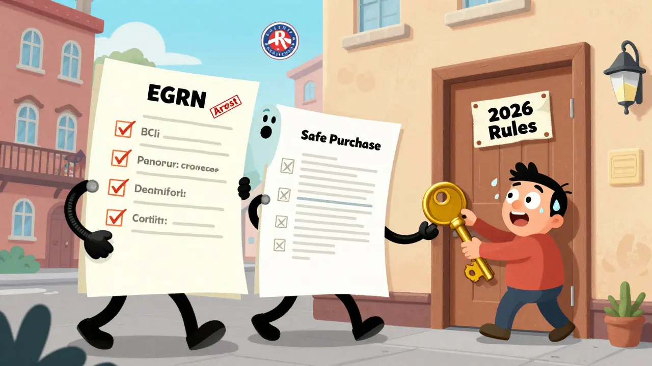 Пять документов в виде персонажей идут к двери с надписью 'Безопасная покупка'.