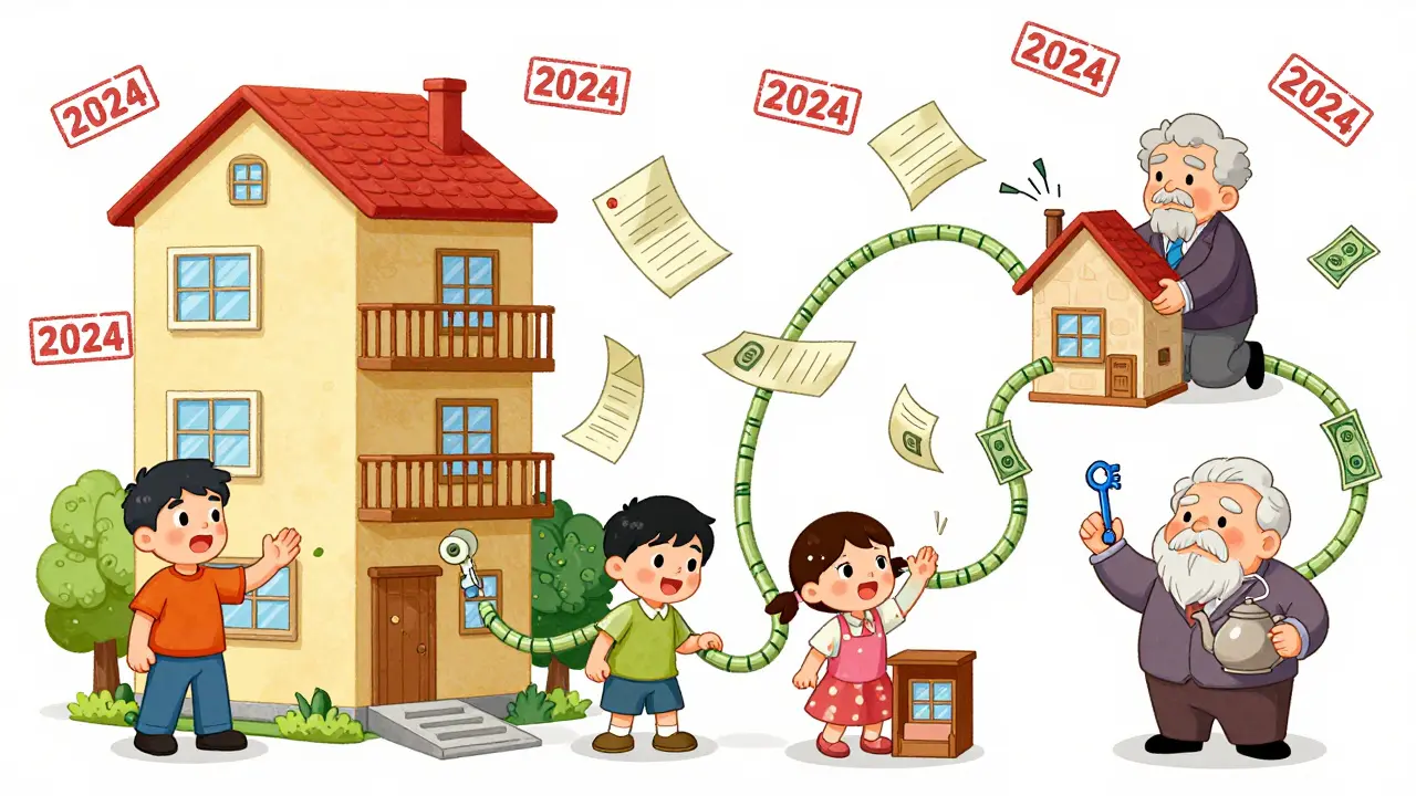 Пять персонажей в сложной цепочке сделок: один продаёт большую квартиру, покупает две маленькие, а другой покупает одну из них.