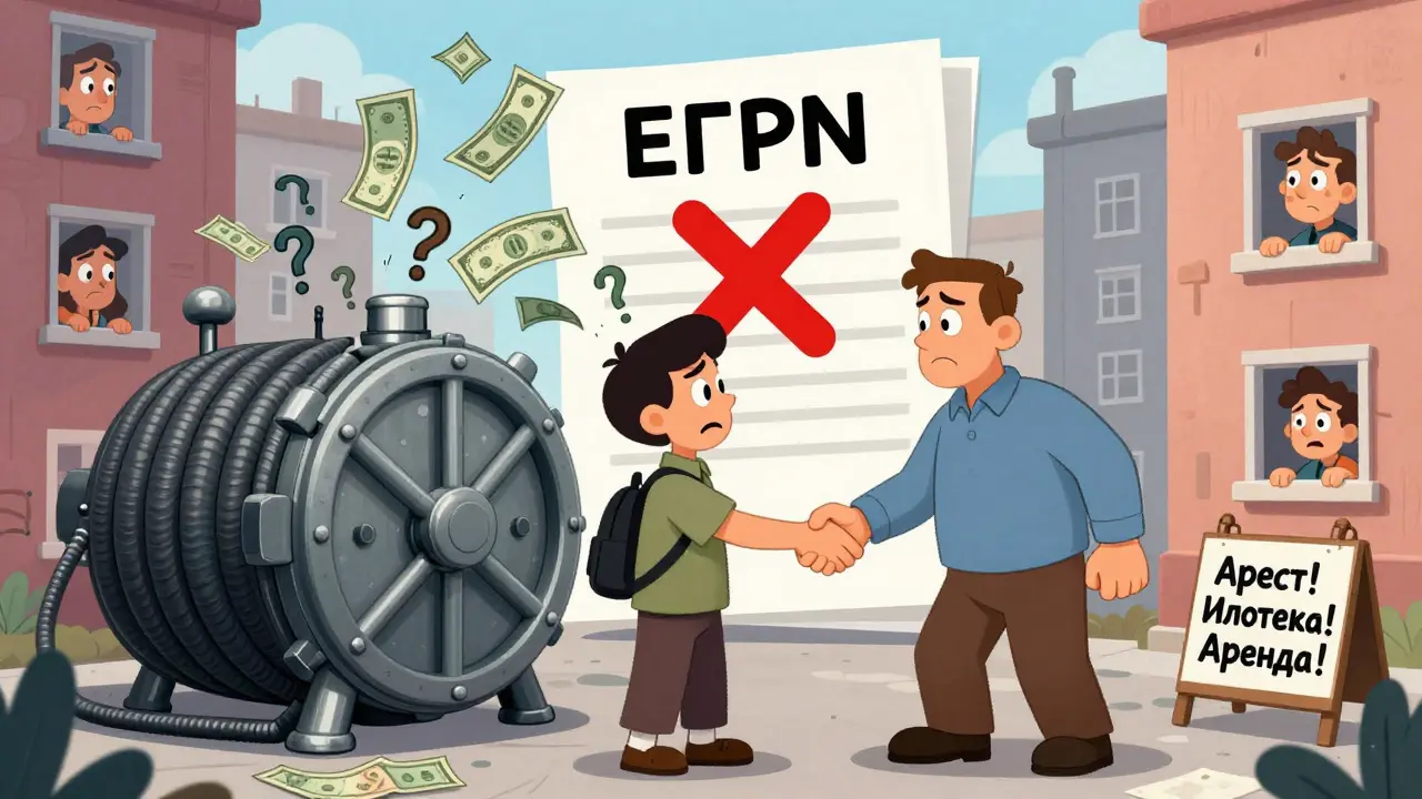 Покупатель и продавец shaking hands над кассой, из которой превращаются в вопросительные знаки деньги, рядом — предупреждение об обременениях.