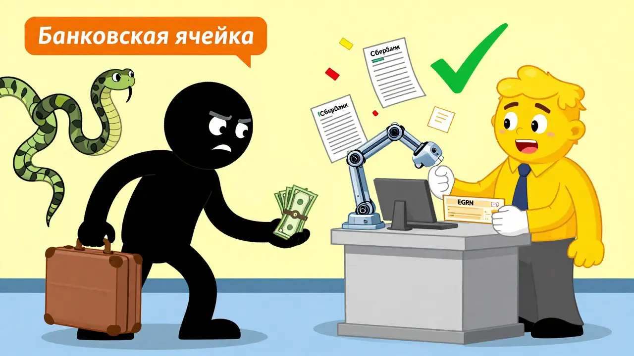 Покупатель теряет наличные в ячейке, а продавец получает золотой чек от банка с подтверждением регистрации.