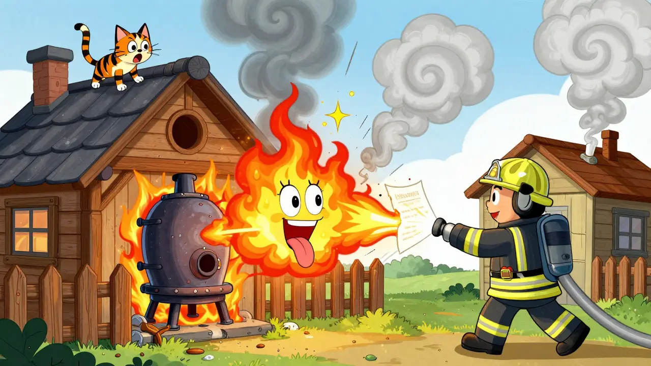 Пожар от котла в доме угрожает соседнему сараю, огонь в стиле мультяшной резиновой анимации.