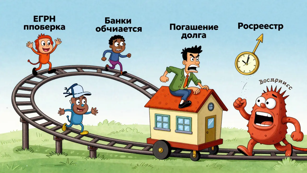 Путешествие покупателя по волшебной дорожке сделки с залоговой квартирой, с монстром задержек и весёлыми помощниками.