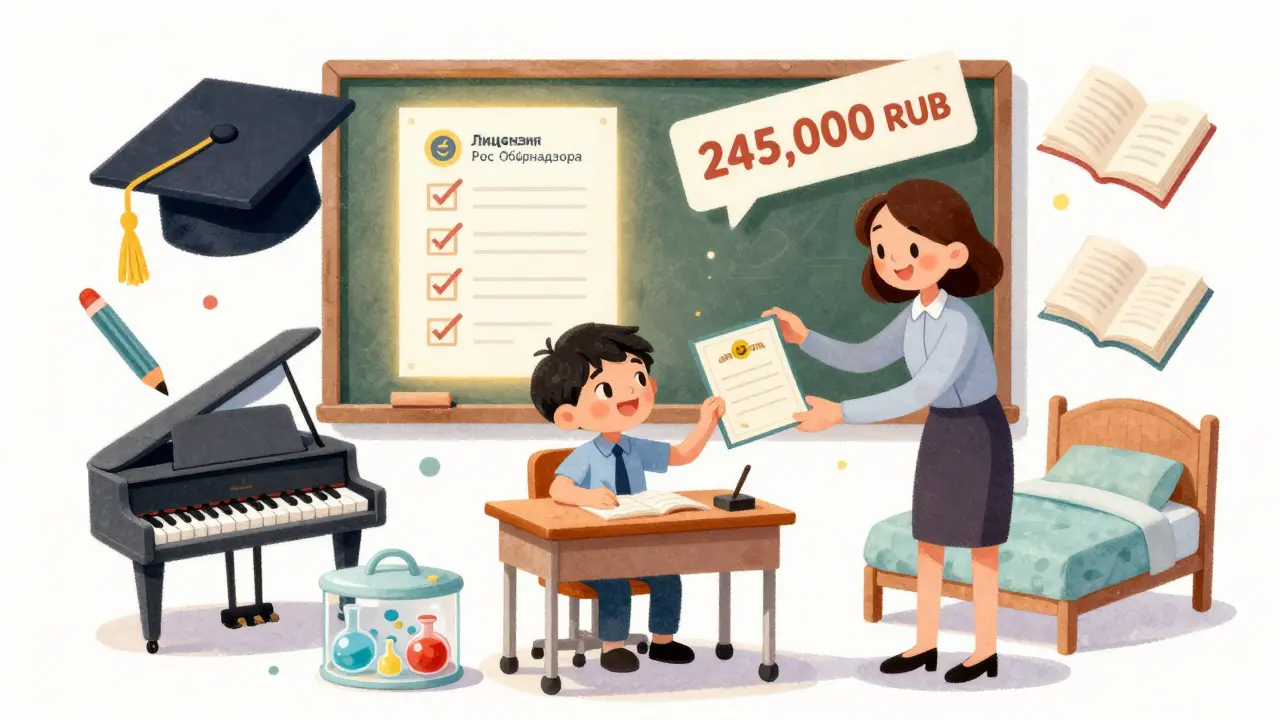Ребёнок получает сертификат за обучение, вокруг него плавают образовательные предметы и гигантский чек.