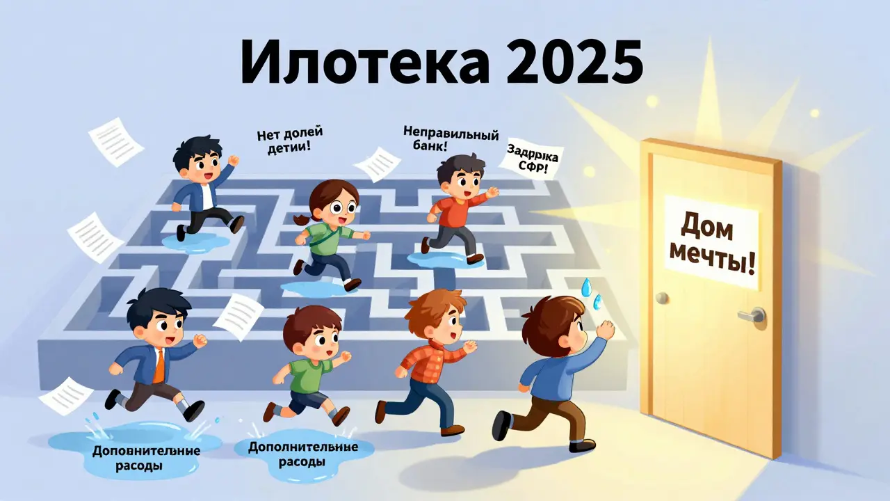 Семья проходит через лабиринт ипотечных препятствий, достигая двери с надписью 'Дом мечты'.