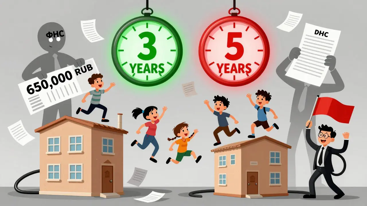 Семья прыгает между квартирами под часами '3 года' и '5 лет', за ними — налоговая.