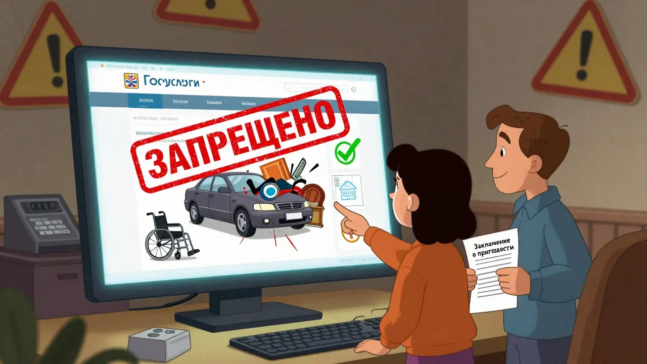 Семья смотрит на экран госуслуг, над машиной и мебелью — красный запрет, над коляской и домом — зелёная галочка.