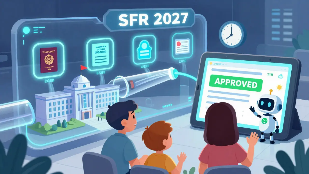 Семья смотрит на экран с одобрением маткапитала, робот автоматически обрабатывает документы.