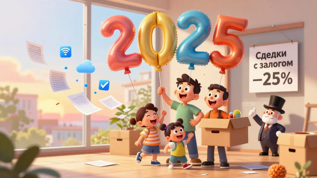 Семья в новой квартире, бумажки превращаются в цифровые значки, надпись '25% сделок с залогом' на фоне заката.