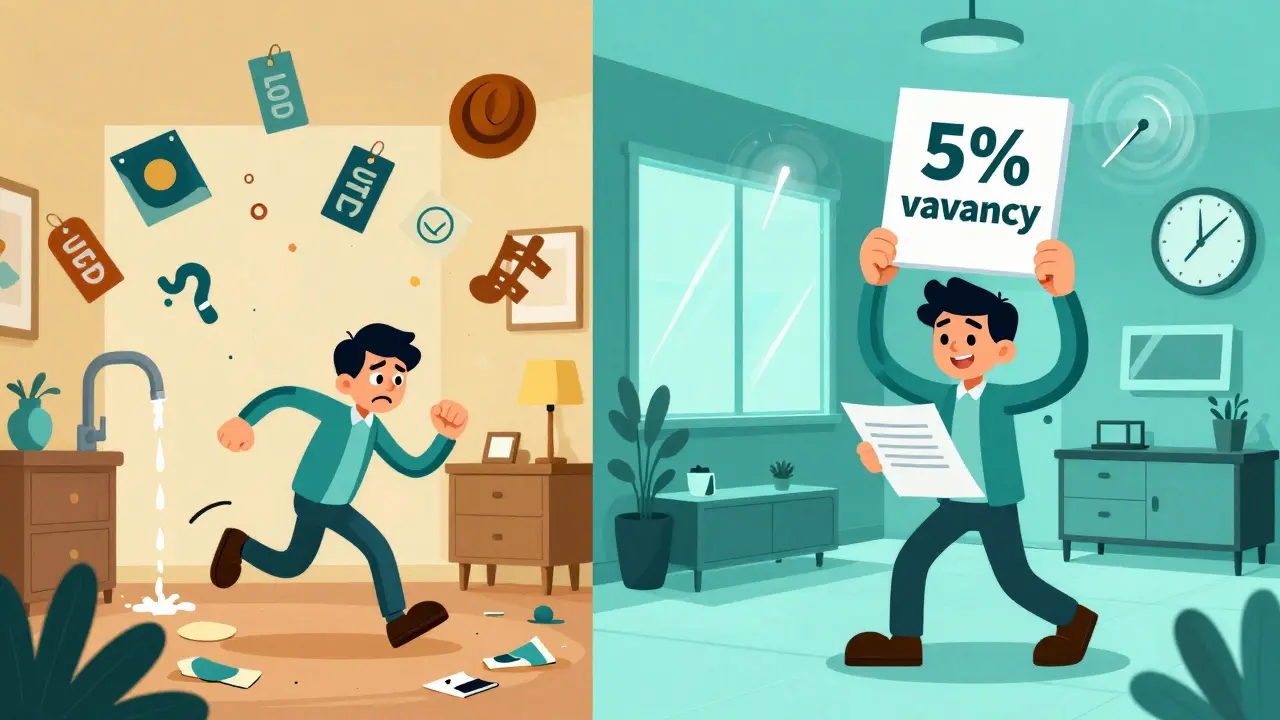 Слева — грязная квартира с течью и убегающим арендатором, справа — чистая с подписью договора и значком 5%.