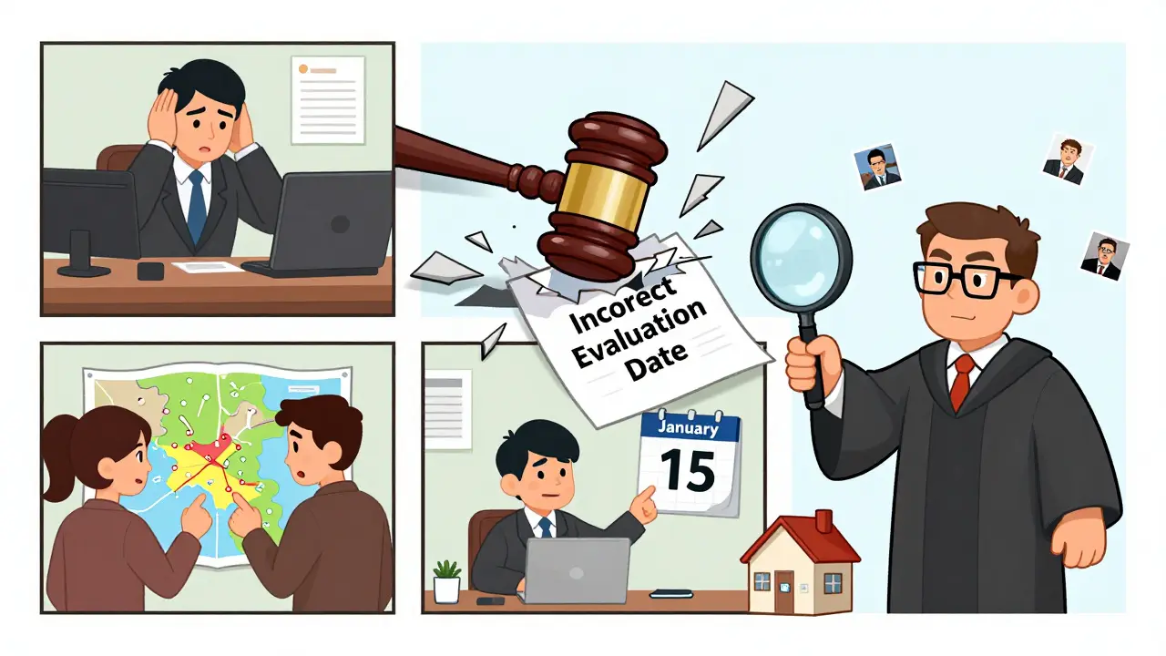 Судья разбивает бумагу с неправильной датой оценки, вокруг — банк, пара и пенсионный фонд.