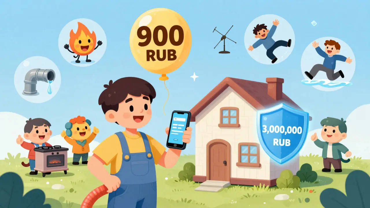 Владелец дома оформляет страховку онлайн, вокруг него парят символы защищенных рисков в мультяшном стиле.