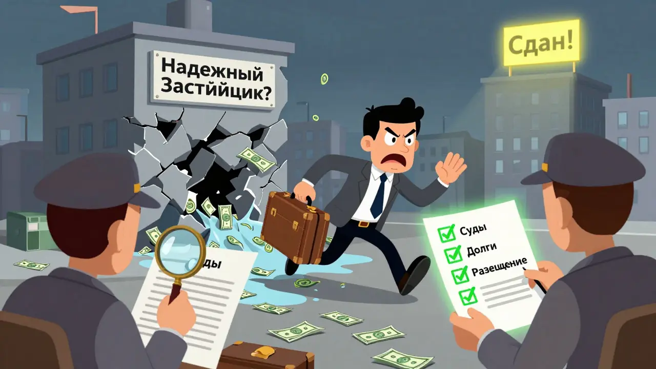 Бегущий застройщик с чемоданом денег, позади него рушится дом, а детектив проверяет документы.