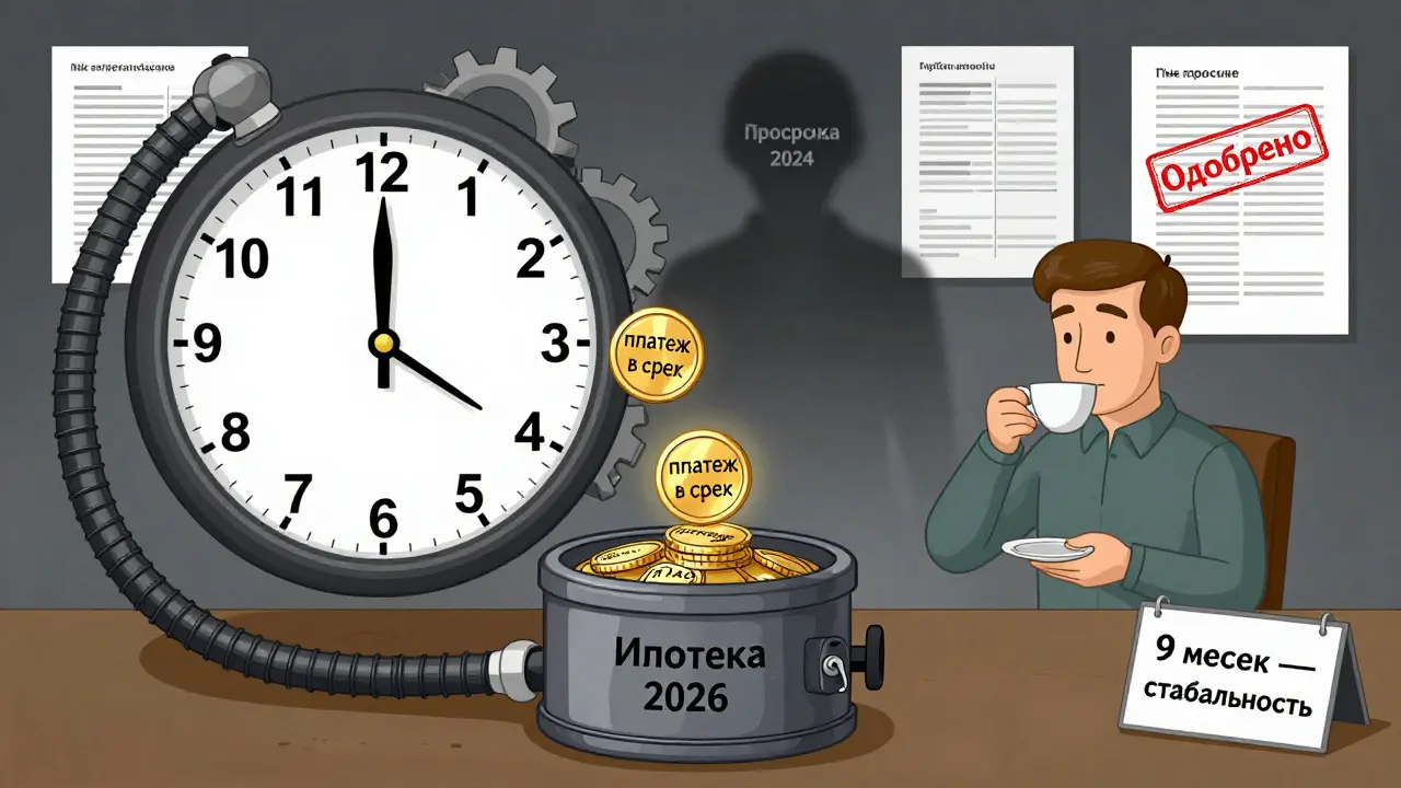 Часы показывают 9 месяцев стабильных платежей, ведущих к одобрению ипотеки.