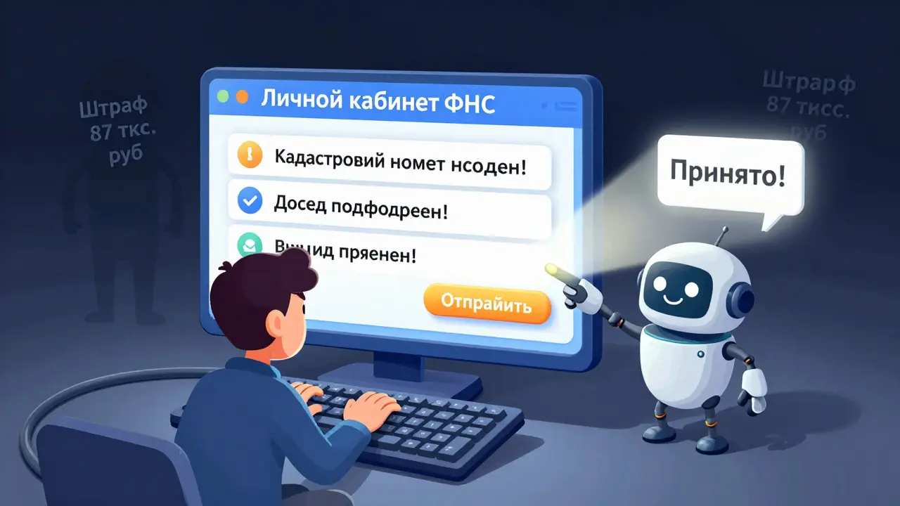 Человек отправляет декларацию онлайн, компьютер автоматически заполняет данные и показывает 'Принято!'