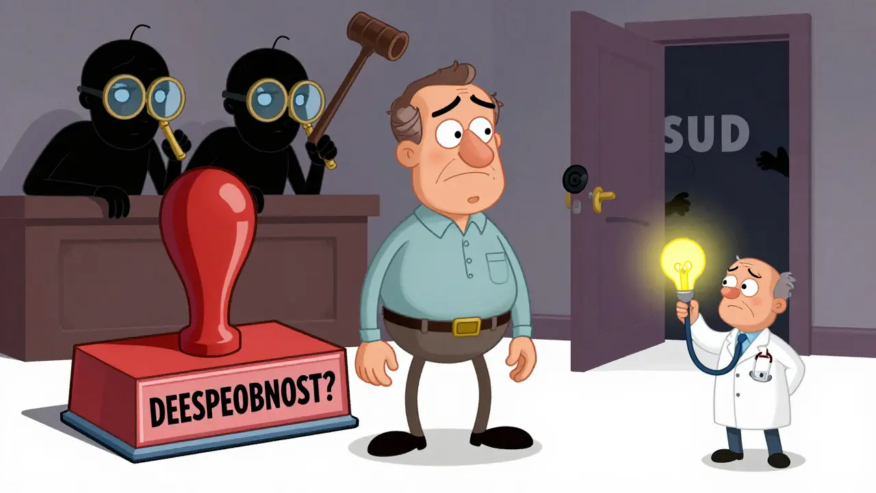 Человек проверяется на дееспособность, вокруг него фигуры, намекающие на судебное разбирательство.