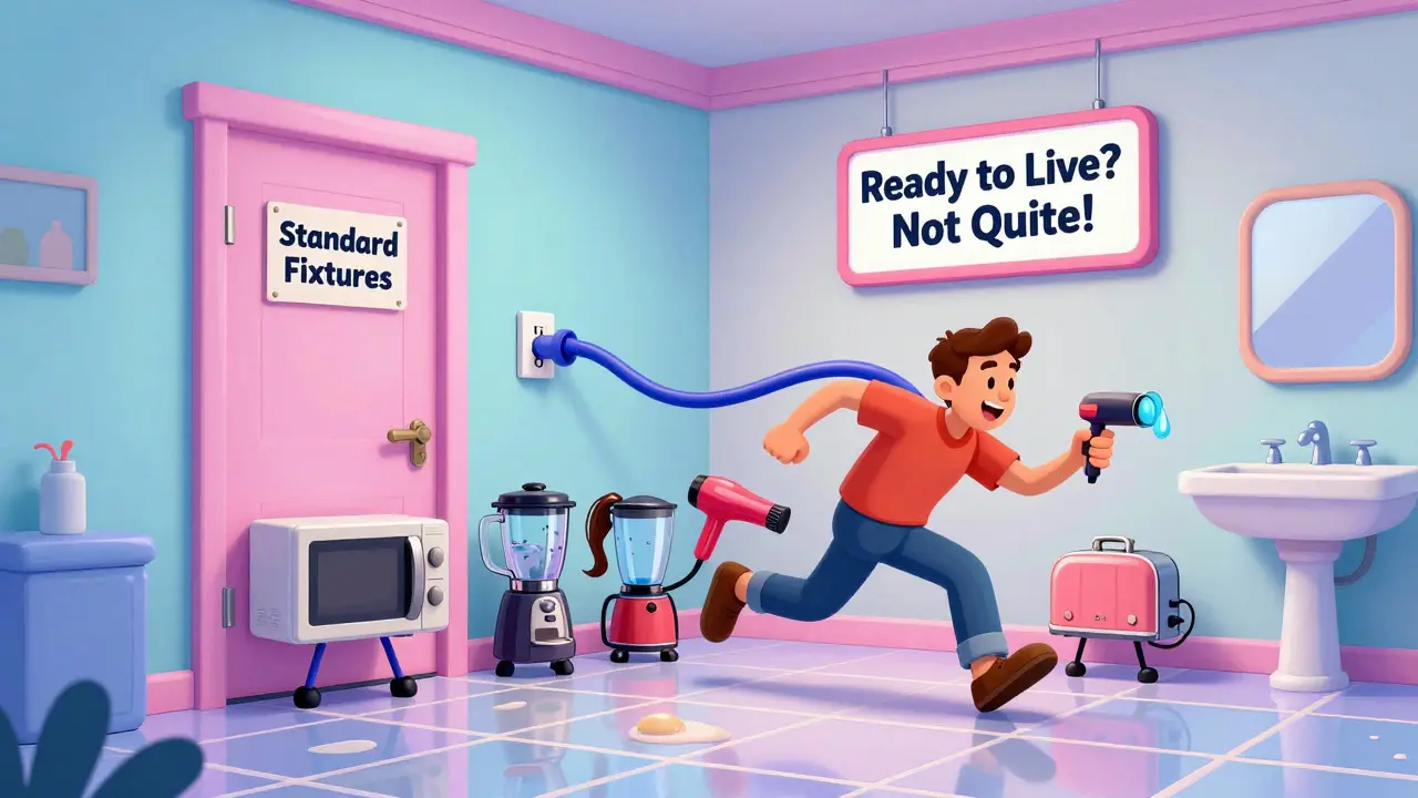 Человек убегает от пяти приборов, которые гоняются за ним из-за одной розетки в идеально оформленной, но непрактичной квартире.