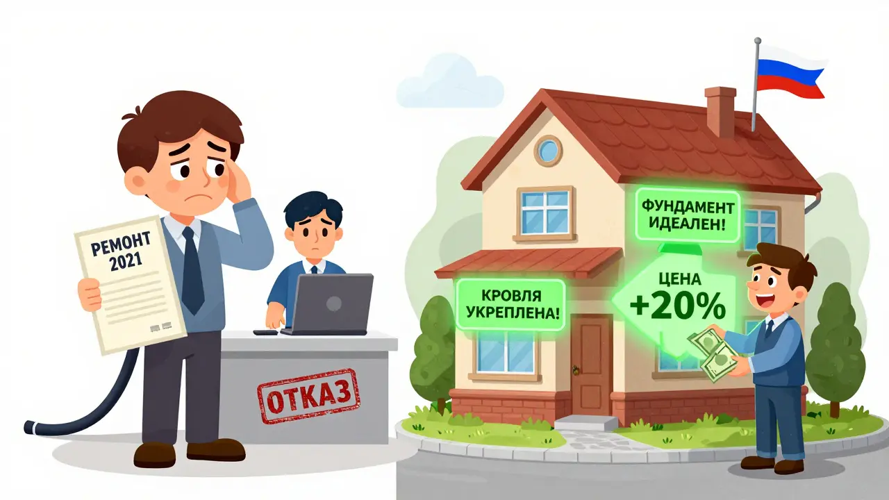 Дом до и после ремонта: слева отказ банка, справа — одобрение с надписями о состоянии конструкций.