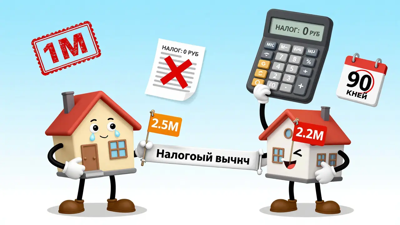 Два человека соединены резиновой лентой, вычитая налог при продаже и покупке квартиры.