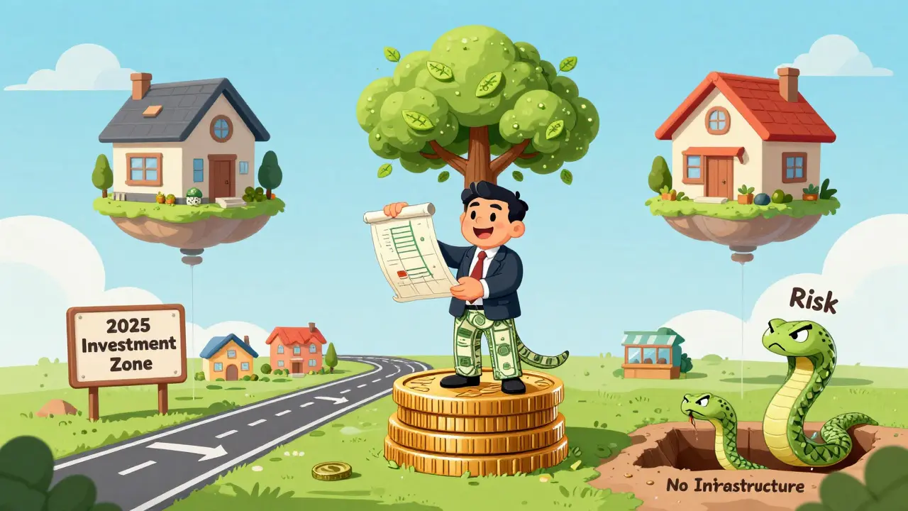 Инвестор на монете, вокруг него дома-шары, а риск уползает в бездорожье.