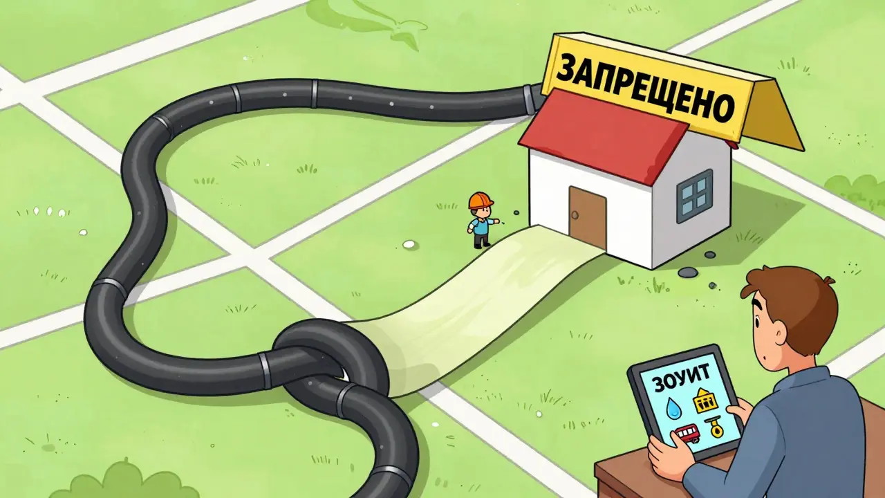 Кадастровая карта с пересекающимися границами участков и скрытой охранной зоной газопровода под землёй.