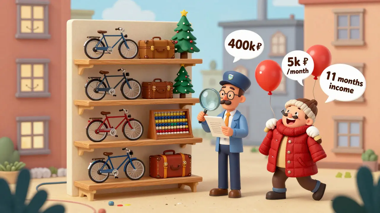 Крошечная кладовка с полками, человек считает доход на абаке, вокруг летают цены.