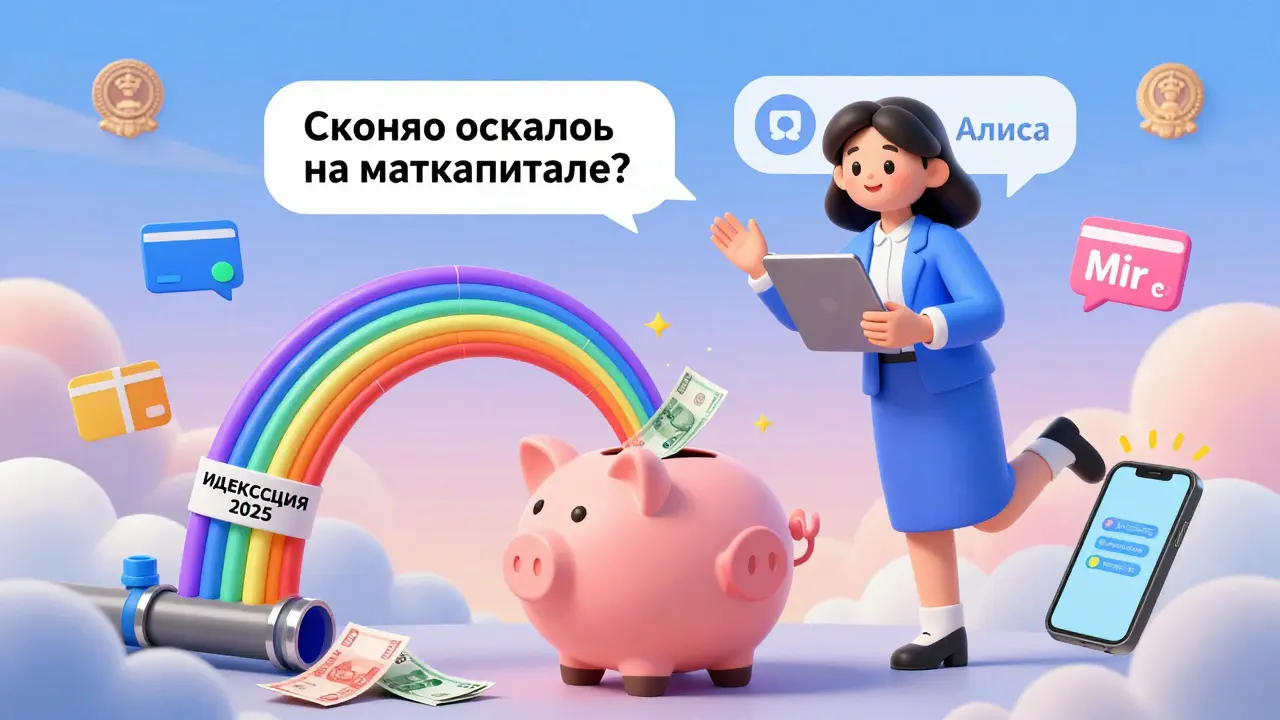 Мать спрашивает у голосового помощника Алиса остаток маткапитала, вокруг летят деньги и уведомления.