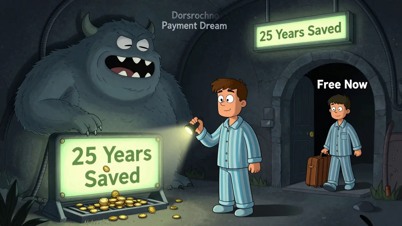 Мужчина в пижаме пытается выбраться из тоннеля ипотеки.