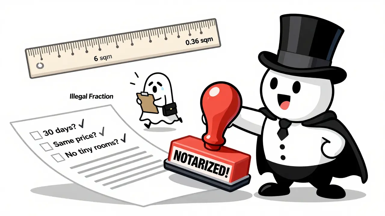 Нотариус печатает договор, рядом — маленькая доля меньше 6 кв. м., которая убегает.