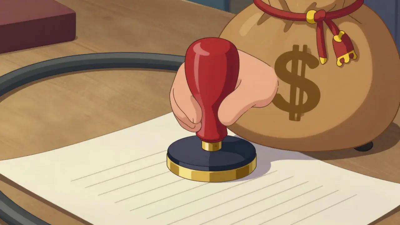 Нотариус печатает документ с большим мешком денег и печатью