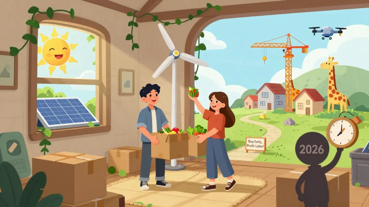 Пара в уютном доме с солнечными панелями и летающим дроном, за окном стройка.