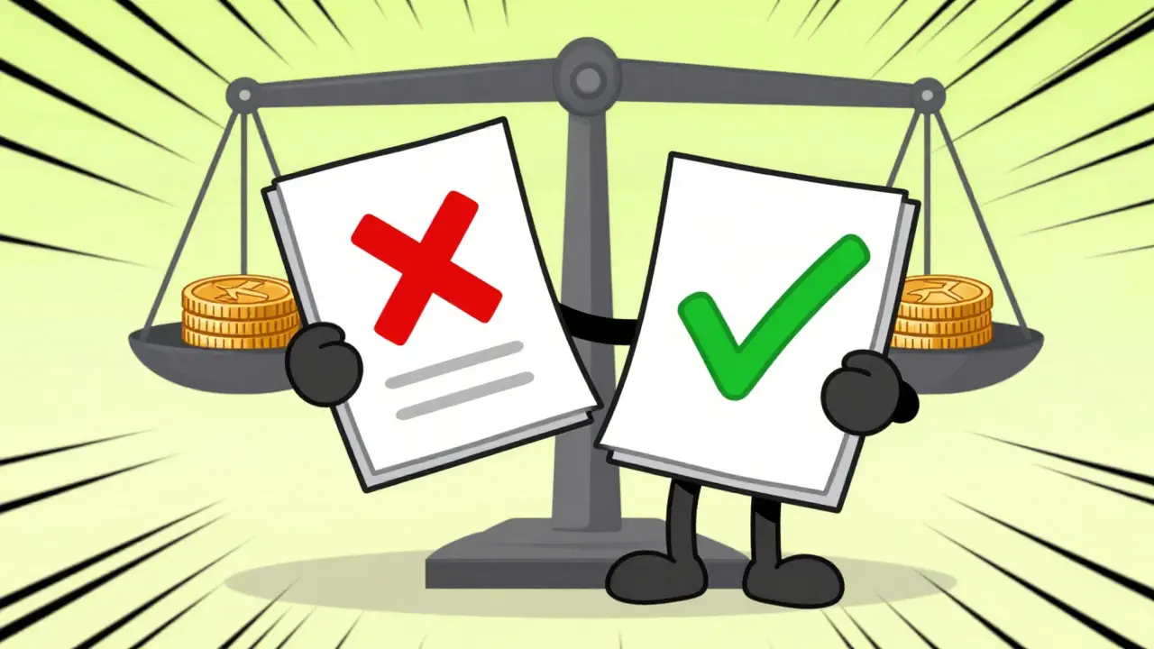Персонаж держит два документа с крестом и галочкой, весы с двумя и одной монетой
