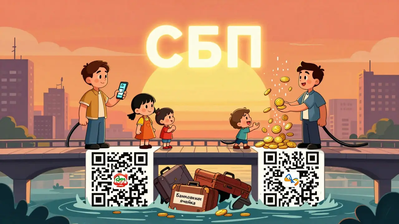 Семья на мосту из QR-кодов между городами, старые методы тонут в болоте.