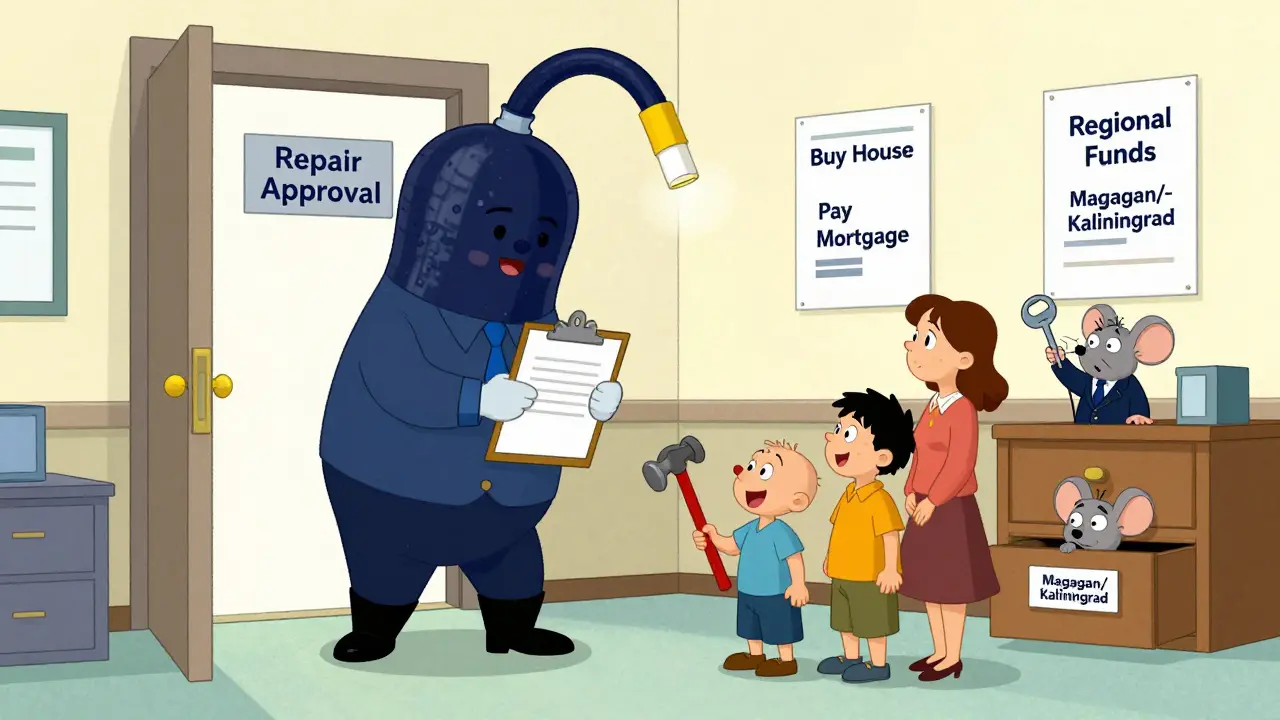 Семья пытается получить разрешение на ремонт, но чиновник-гигант её останавливает.