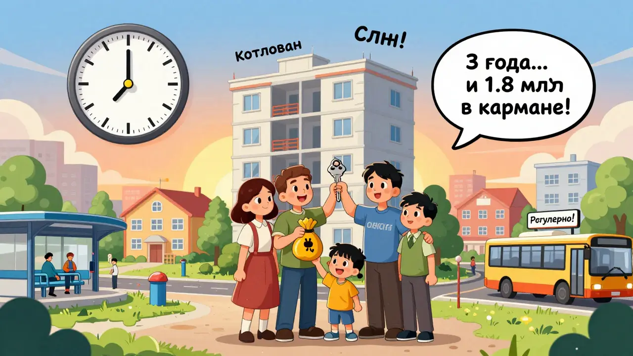 Семья стоит у сданного дома, вокруг — метро, школа, парк, а над головой часы показывают рост цены.