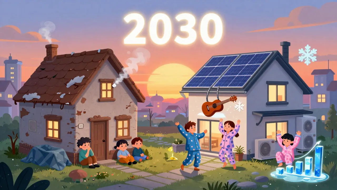 Старый дом с газовым котлом слева и современный энергоэффективный дом справа — с пением солнечных панелей и танцующим тепловым насосом.