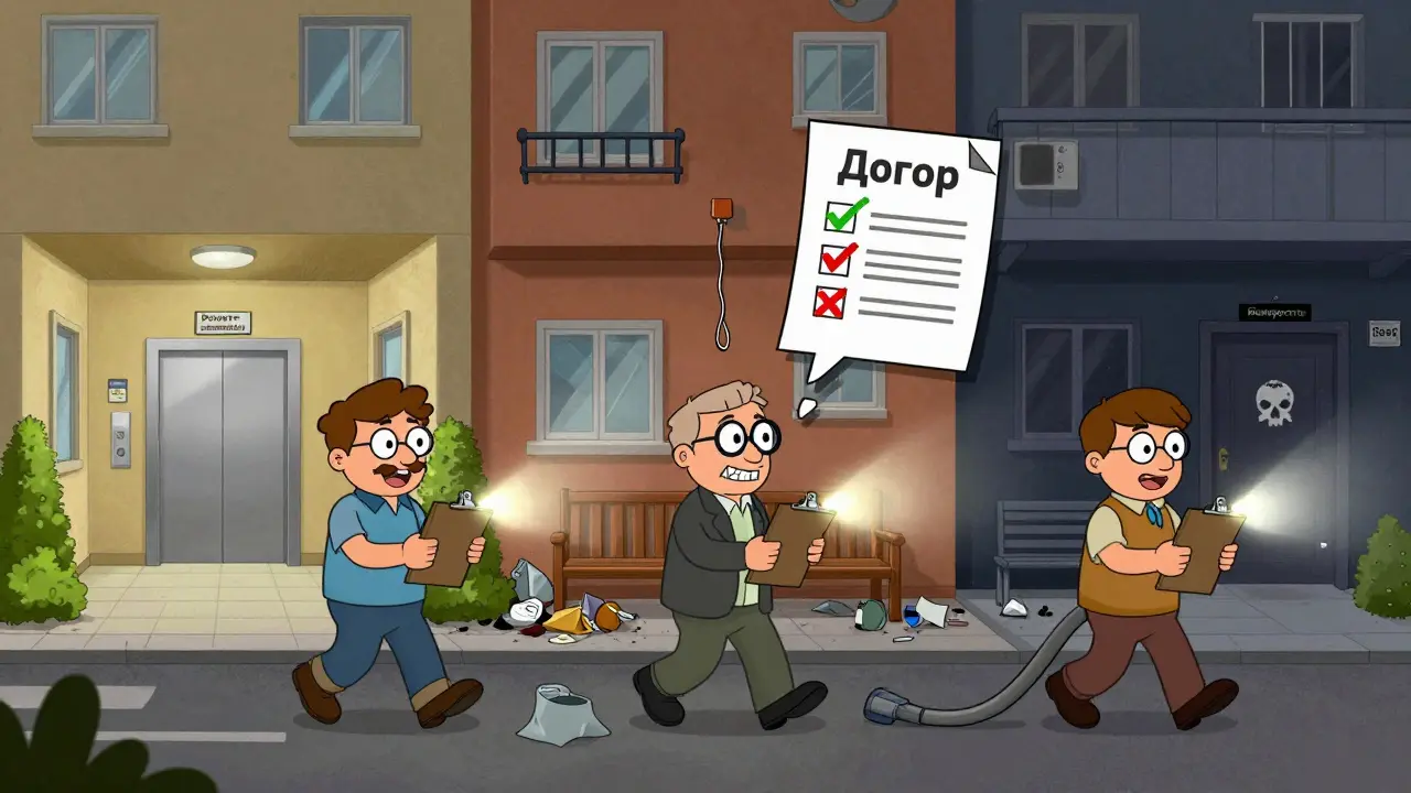 Три человека осматривают три разных дома: один чистый и ухоженный, второй грязный, третий заброшенный с признаком банкротства.