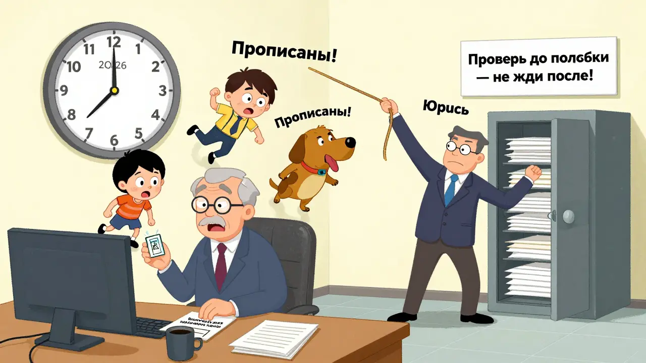 Трое прописанных людей висят в воздухе над домом, а покупатель получает выписку из домовой книги.