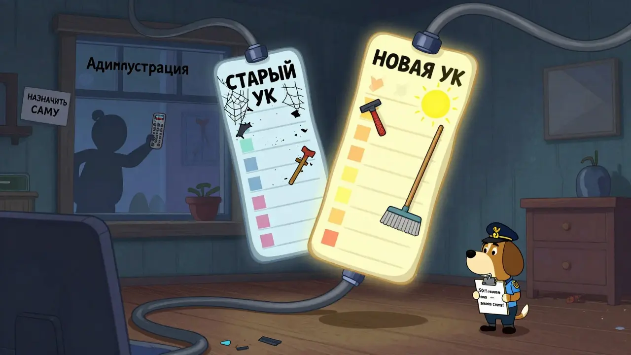 Жильцы голосуют на собрании: один вариант — старая УК с паутиной, другой — новая УК с солнцем и инструментами, за окном — рука администрации.