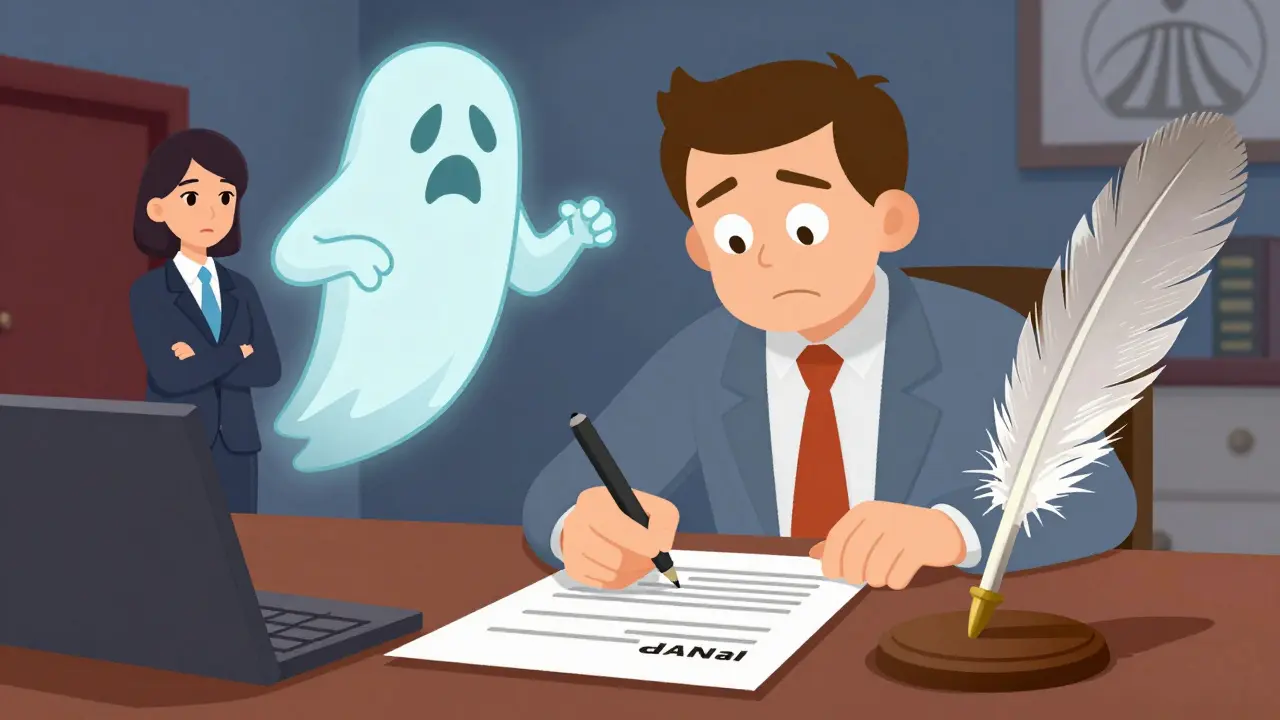 Арендодатель подписывает договор у нотариуса, а призрак супруга наблюдает с недоверием, в стиле резиновой анимации.
