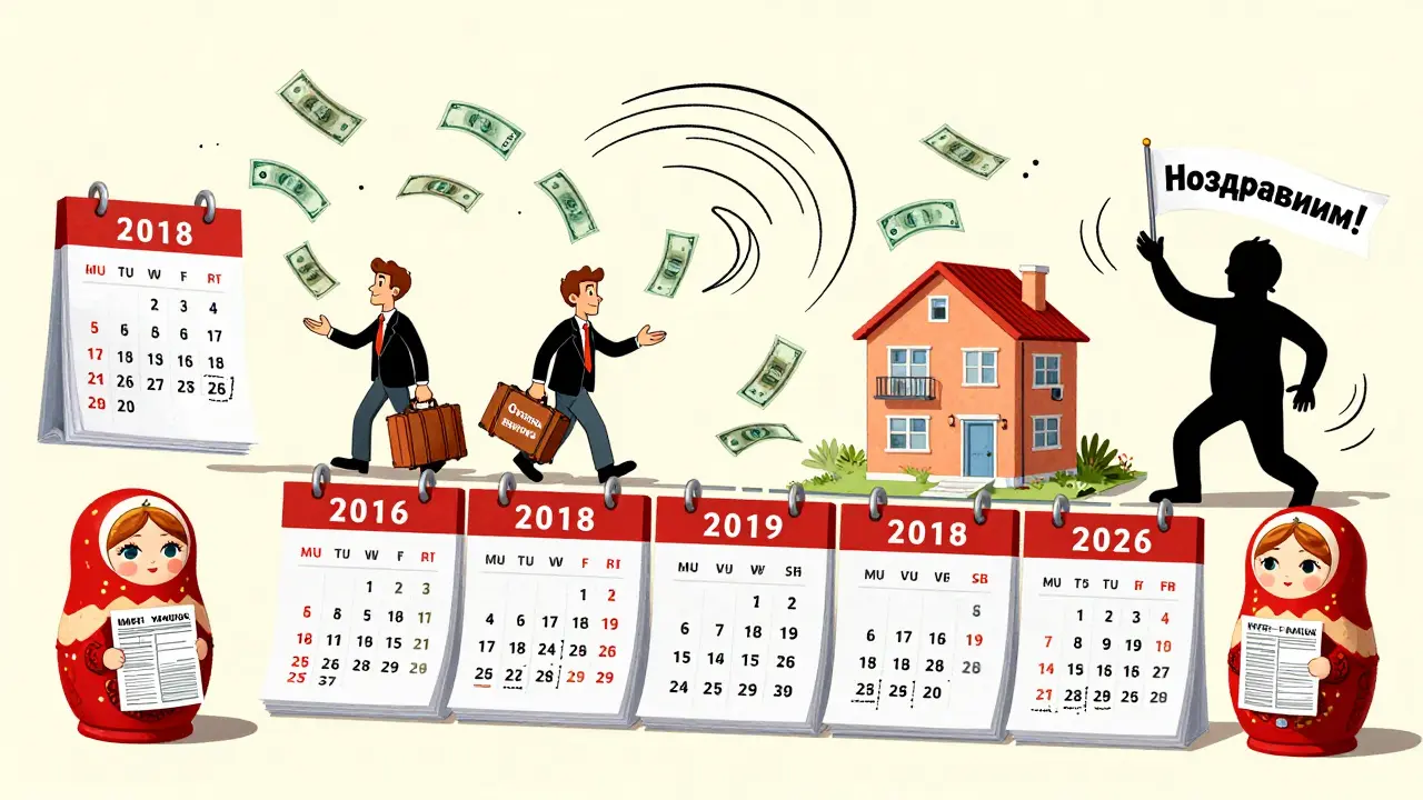 Человек идет к новой квартире с чемоданом, в котором остался налоговый вычет.