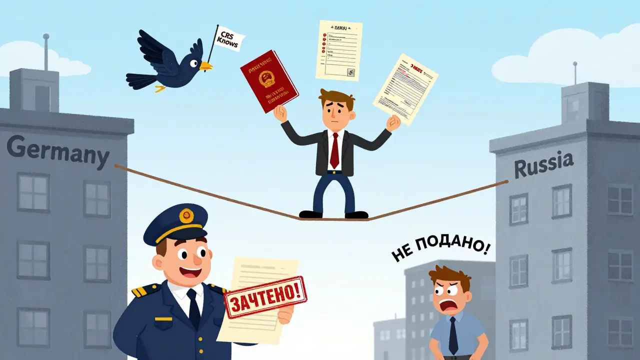 Человек на канате между Германией и Россией, жонглирующий документами, пока налоговая одобряет зачет.