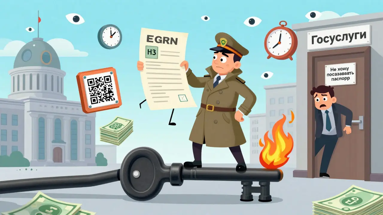 Детектив на ключе Госуслуги проверяет выписку ЕГРН, вокруг — горящие фальшивые деньги и скрывающийся продавец.