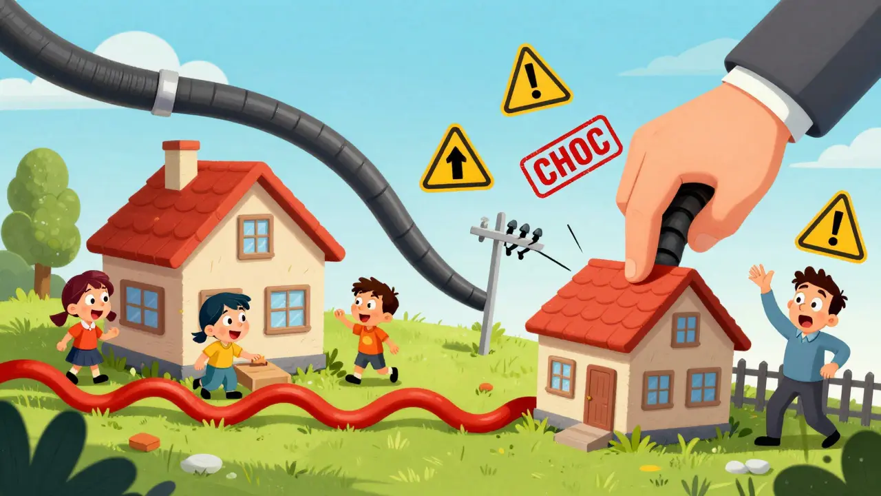 Дом строят слишком близко к красной линии — и его тащит в сторону гигантская рука со штампом 'СНОС'.