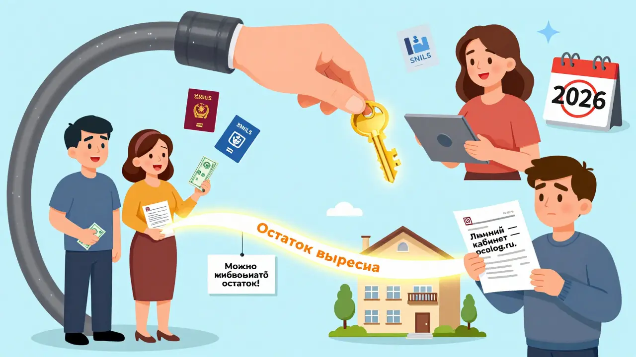 Две пары: одна получает налоговый вычет, другая теряет его — над ними светящийся путь к новой квартире и значок nalog.ru.